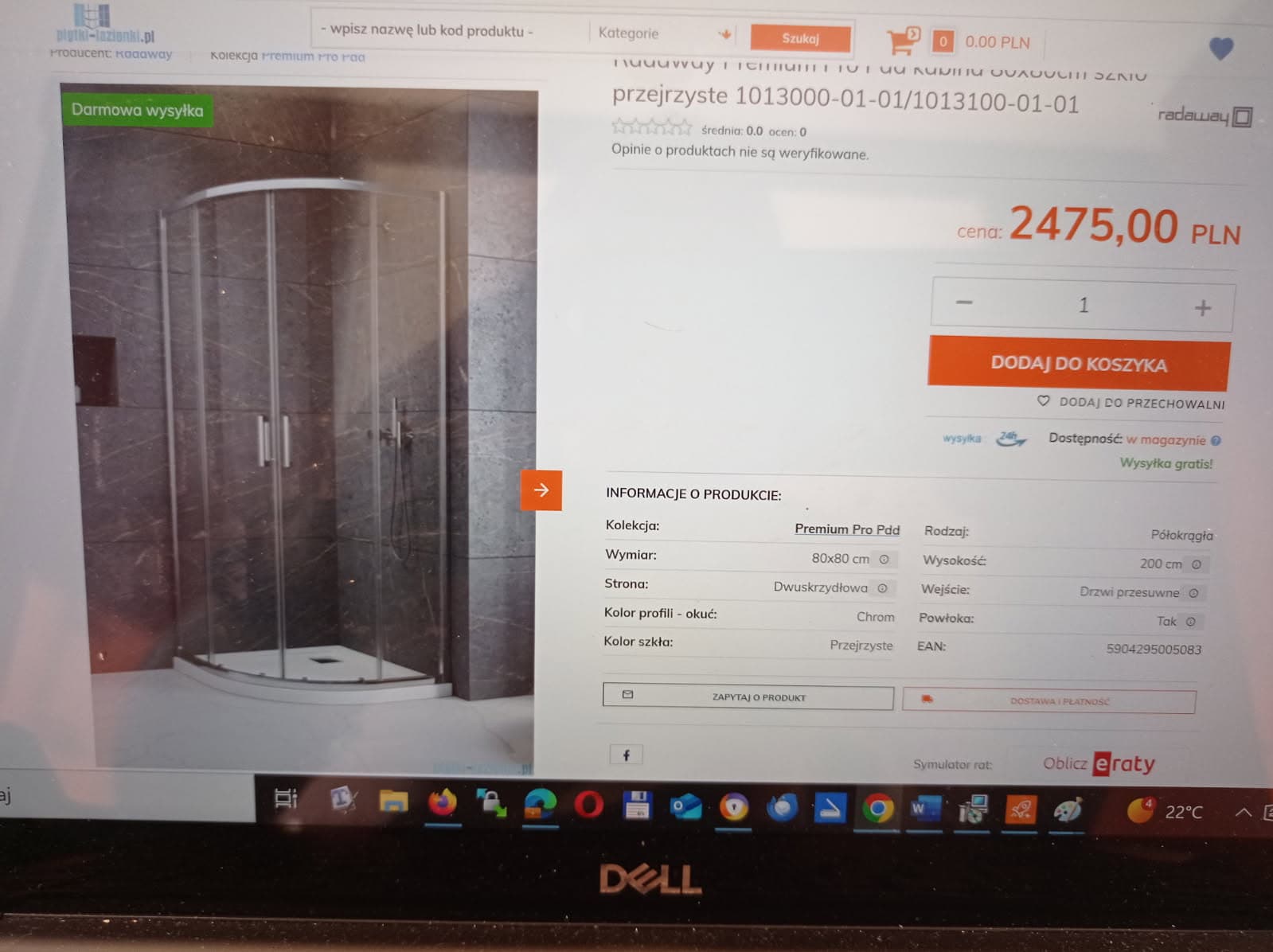 Szczegóły kabiny Radaway na laptopie Szczegóły produktu półokrągłej kabiny prysznicowej Radaway Premium Pro Pdd na ekranie laptopa