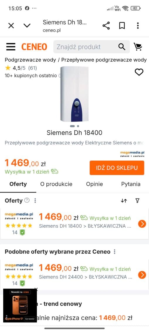 Siemens DH18400 opcja wyboru Model Siemens DH18400 jako jedna z rozważanych opcji dla podgrzewacza