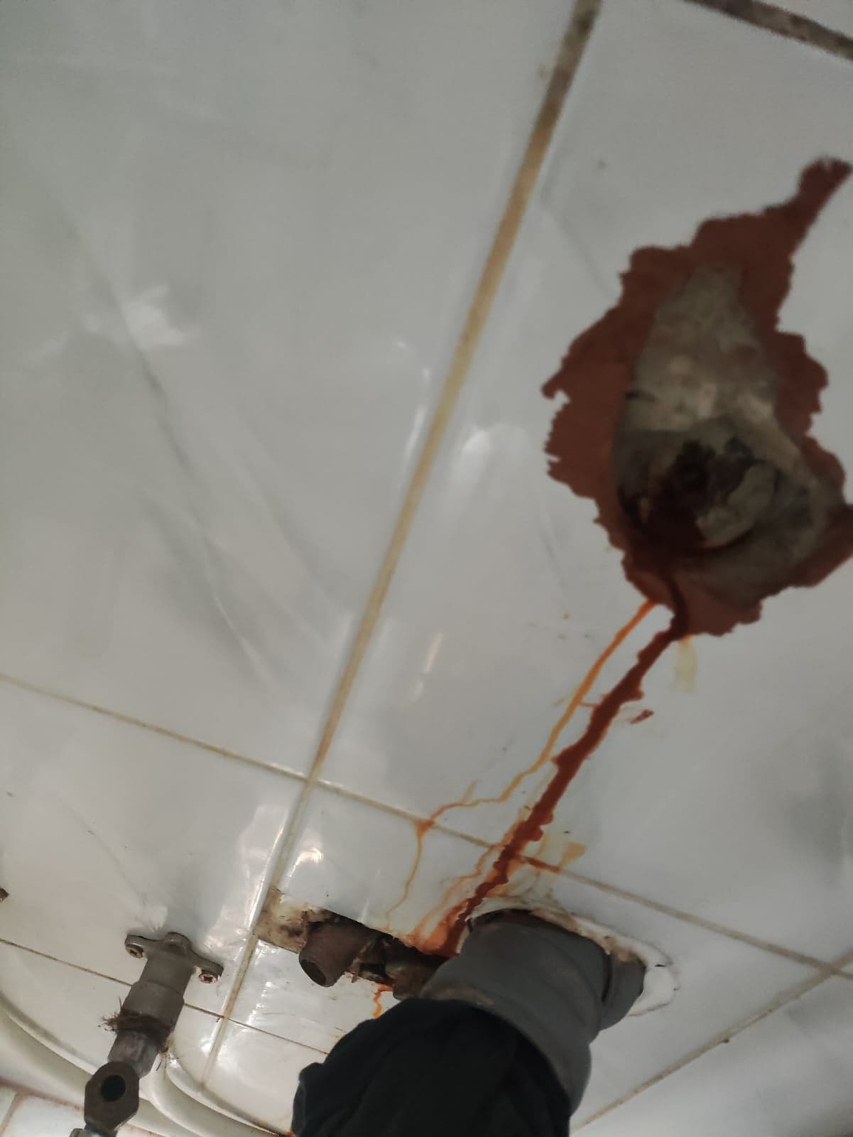 Rura pod płytkami ze śladami rdzy Rura wodna przebiegająca pod płytkami wraz ze śladami rdzy wokół miejsca pęknięcia