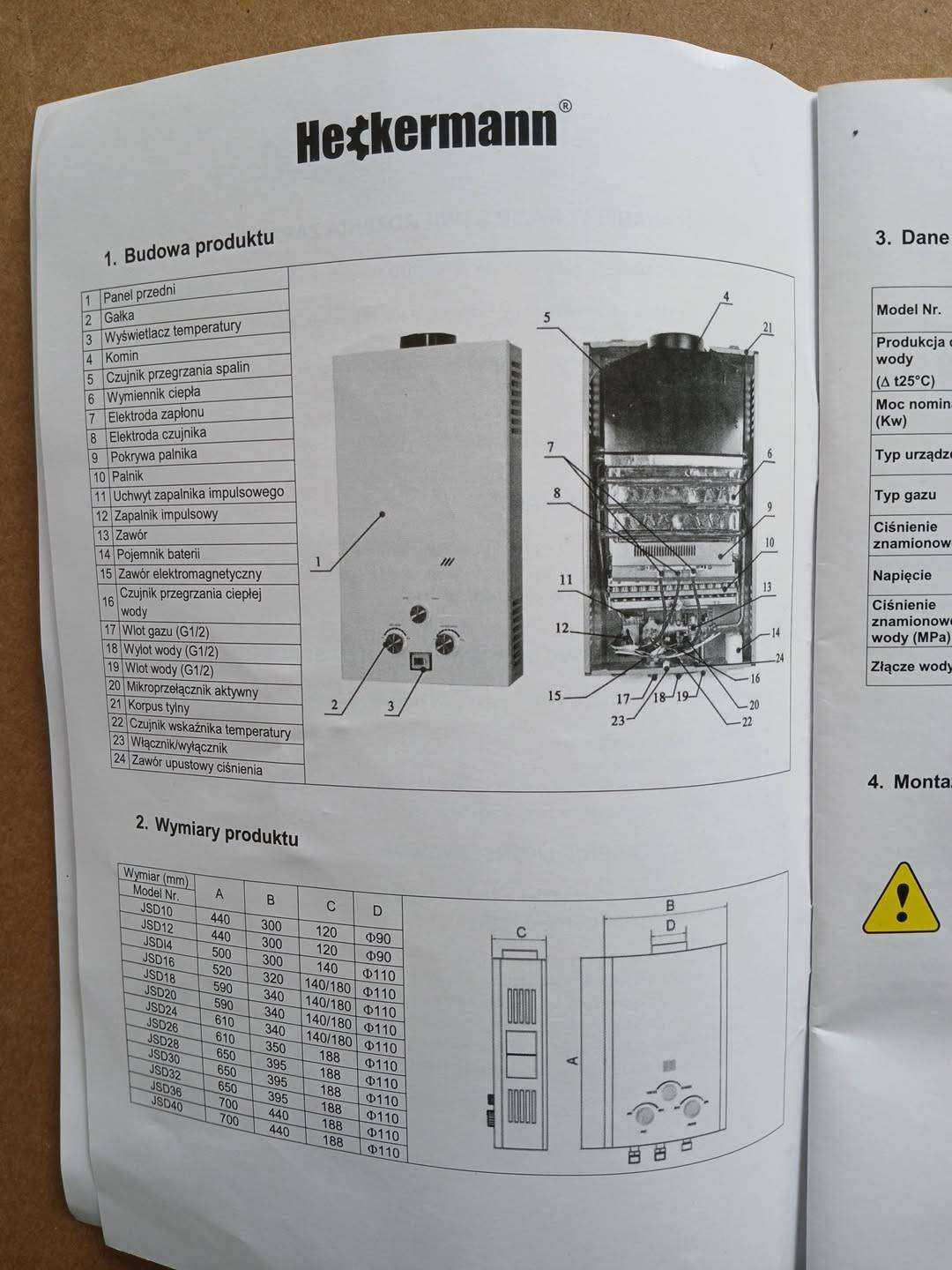 Schemat techniczny Heckermann Schemat budowy gazowego podgrzewacza Heckermann ze szczegółami technicznymi