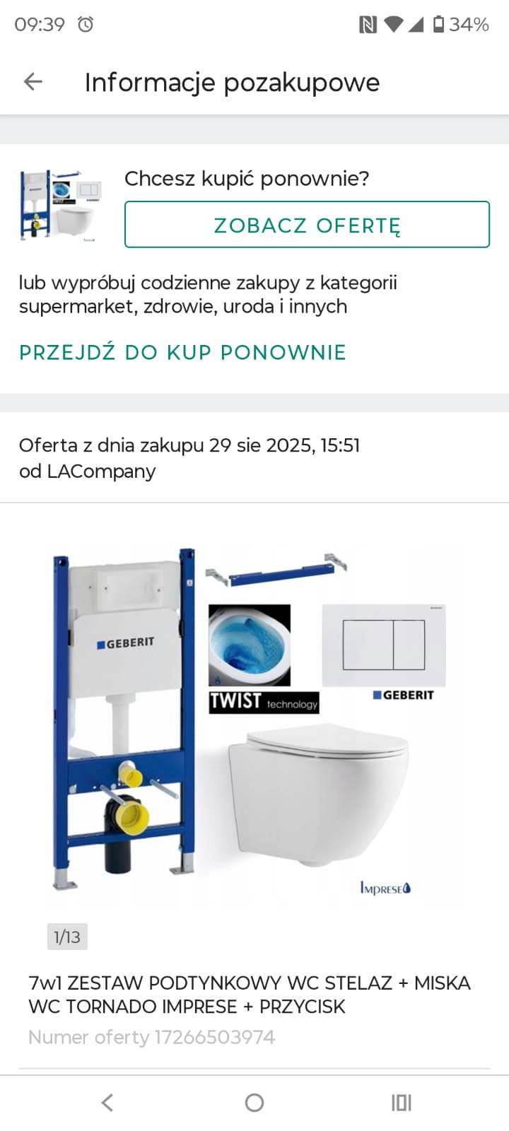 Zakupiony zestaw Geberit Informacje o zakupionym zestawie Geberit Duofix WC