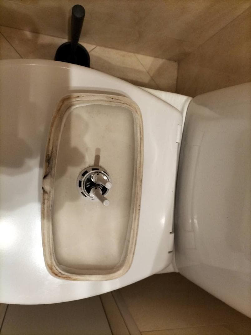 Nowy mechanizm spustowy w rezerwuarze Wnętrze rezerwuaru WC po zamontowaniu nowego mechanizmu spustowego