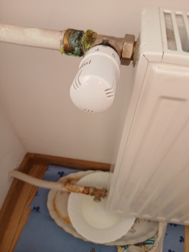 Zawór termostatyczny osad Zawór termostatyczny grzejnika z widocznym osadem zielonkawym.