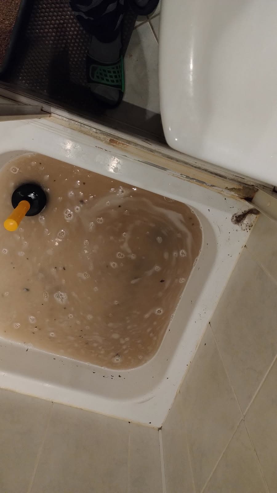 Pełny widok kabiny prysznicowej Widok ogólny na zatkaną kabinę prysznicową z wodą stojącą