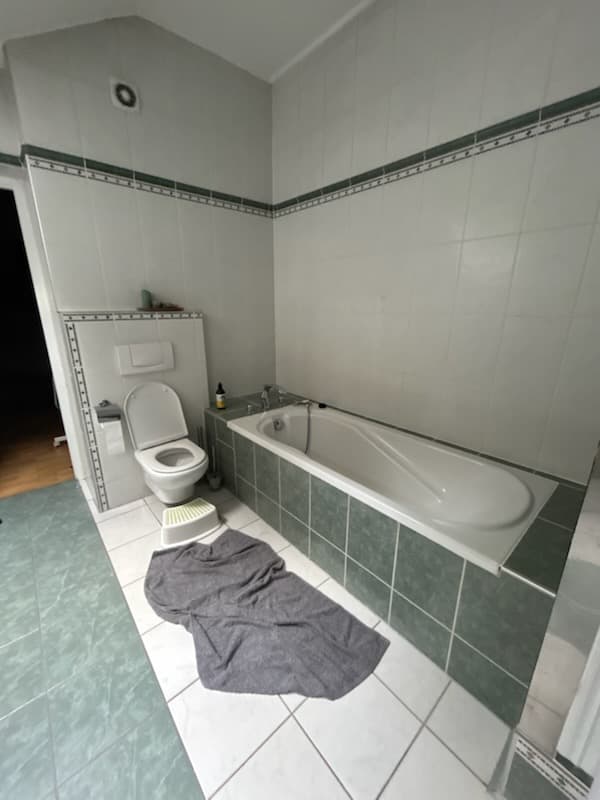 Przestronna łazienka przed renowacją Widok ogólny łazienki z wanną i toaletą obok siebie