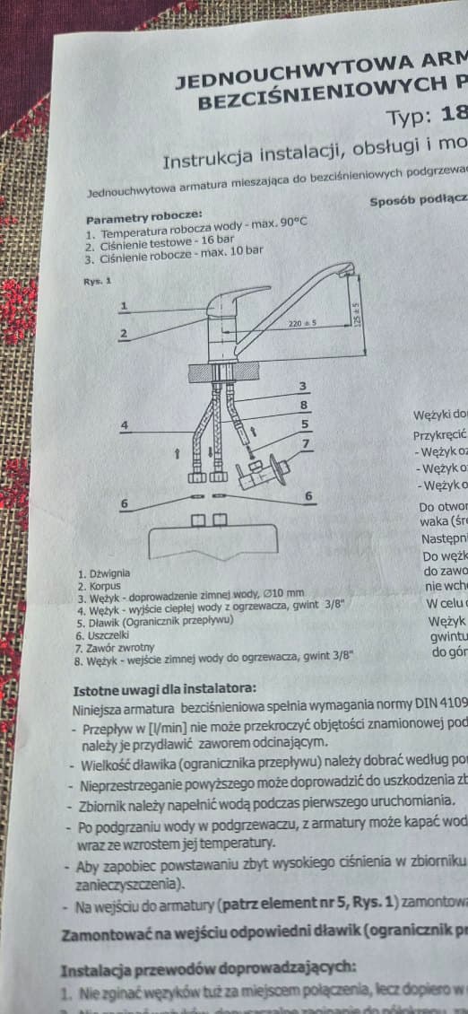 Instrukcja instalacji armatury Instrukcja instalacji jednouchwytowej armatury mieszającej do bezciśnieniowych podgrzewaczy
