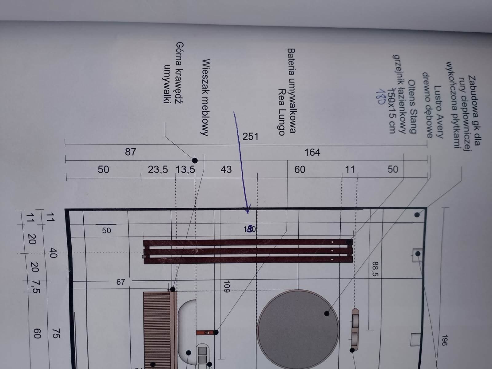 Plan instalacji wodnej Szczegółowy plan instalacji wodnej w łazience na projekcie
