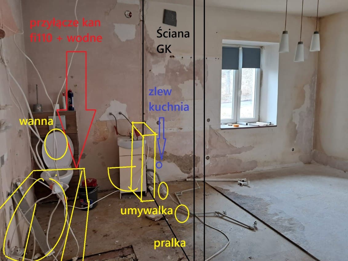 Stan przed montażem hydrauliki Stan pomieszczeń przed montażem nowej instalacji hydraulicznej w kuchni i łazience.