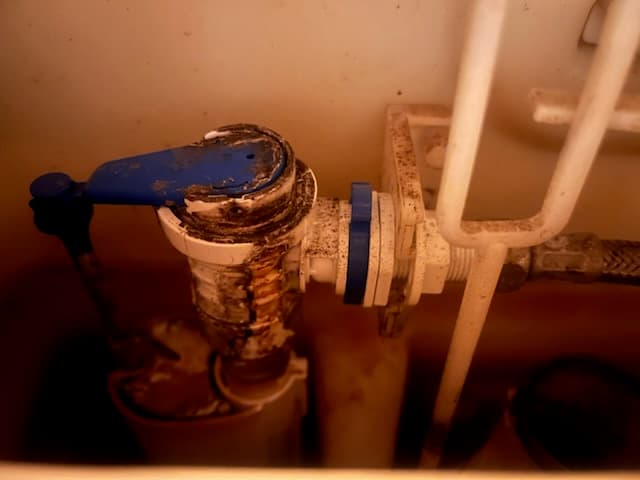 Osad na mechanizmie spluczki Detale mechanizmu spustowego pokryte osadem kamienia wodnego