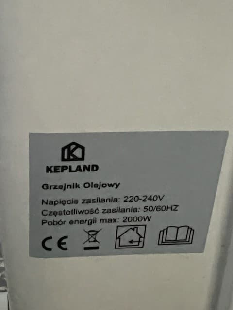 Tabliczka znamionowa Kepland Tabliczka znamionowa grzejnika Kepland z parametrami technicznymi