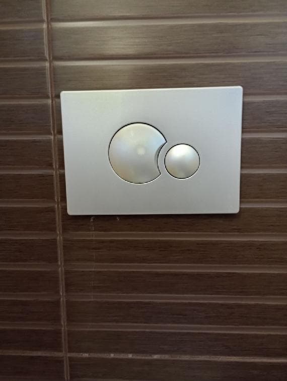 Panel przycisku spłukującego Panel przycisku spłukującego na tle płytek łazienkowych.