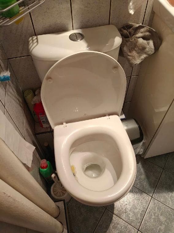 Analiza starej instalacji wc Widok całkowity starego kompakta WC podczas analizy przed wymianą